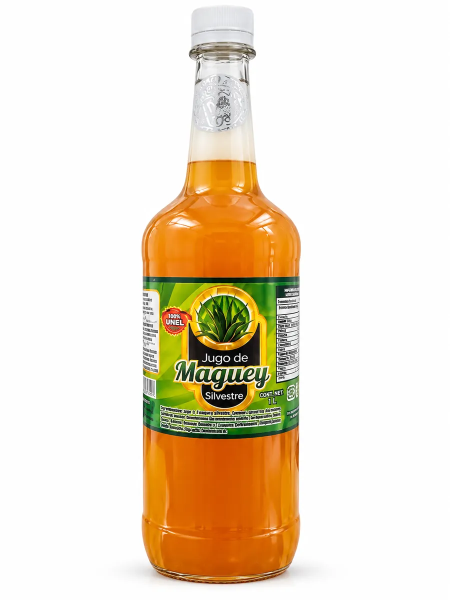1-liter bottle of Jugo de Maguey Silvestre El Jalisciense (wild agave juice) with green label and white cap