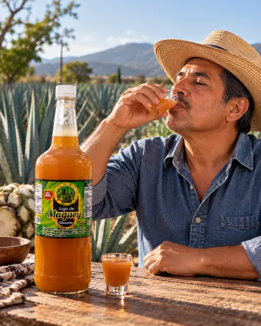 Man in a straw hat sipping wild maguey juice in front of a blue agave field