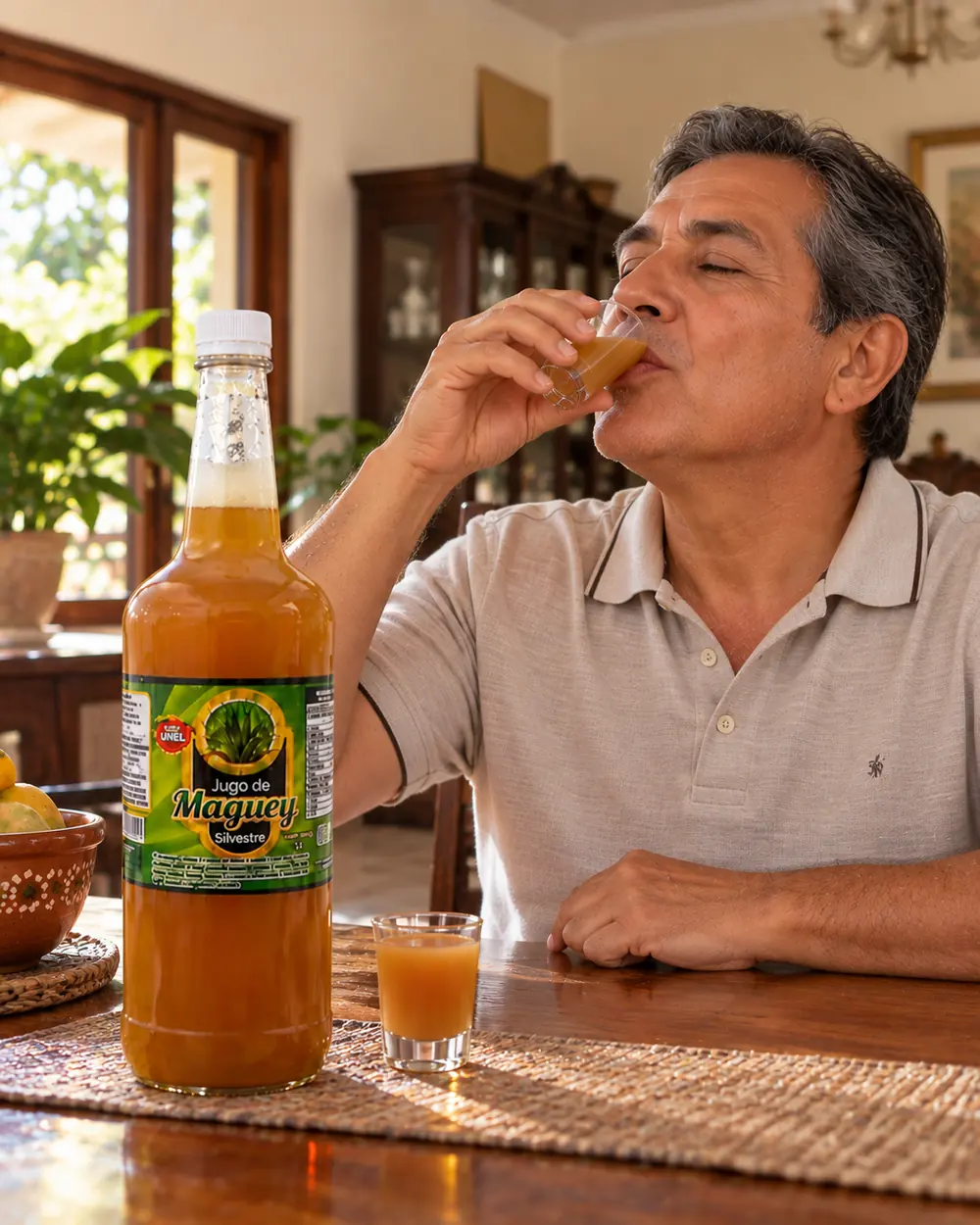 Man drinking a small glass of wild maguey juice in his living room