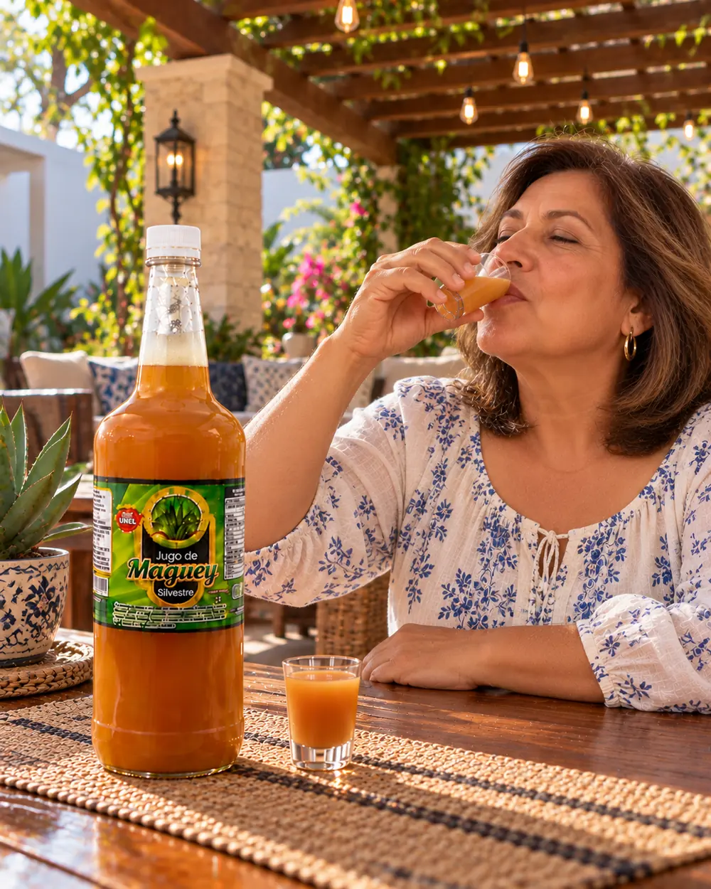 Woman drinking a small glass of wild maguey juice on a garden terrace