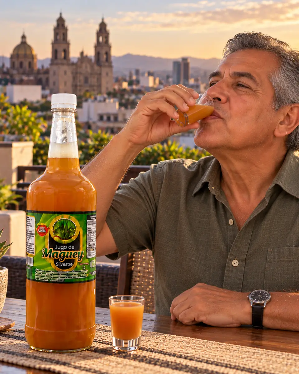 Hombre bebe jugo de maguey silvestre en una azotea con vista a la ciudad al atardecer. Jugo de maguey silvestre a domicilio en Aguascalientes, Aguascalientes