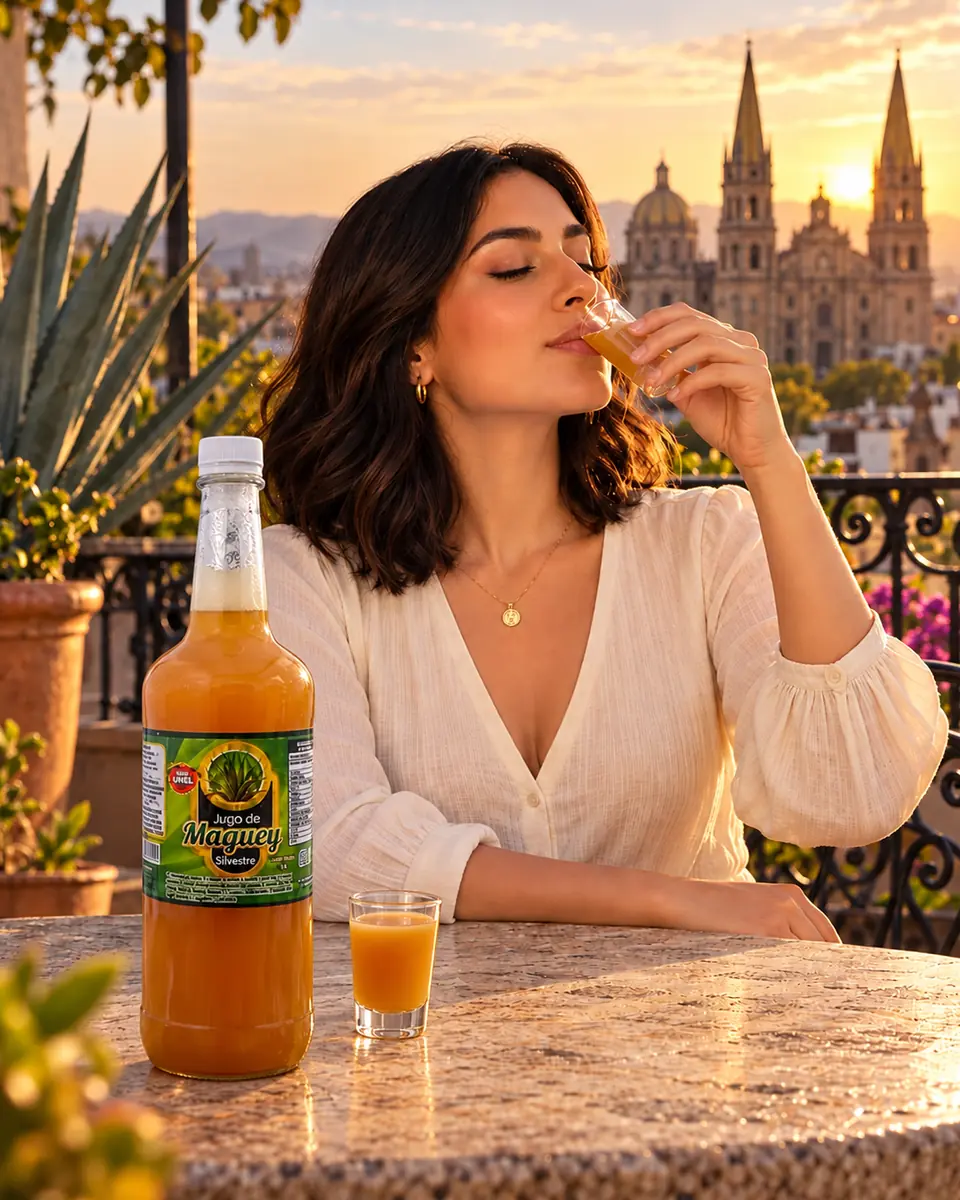 Mujer disfruta una copita de jugo de maguey silvestre en una terraza al atardecer con catedral de fondo. Jugo de maguey silvestre a domicilio en Cancún, Quintana Roo