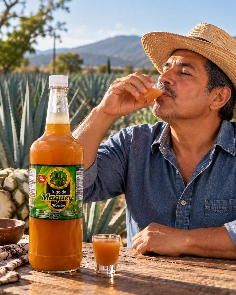 Man in a straw hat sipping wild maguey juice in front of a blue agave field. Wild maguey juice delivered in Chicago, Illinois