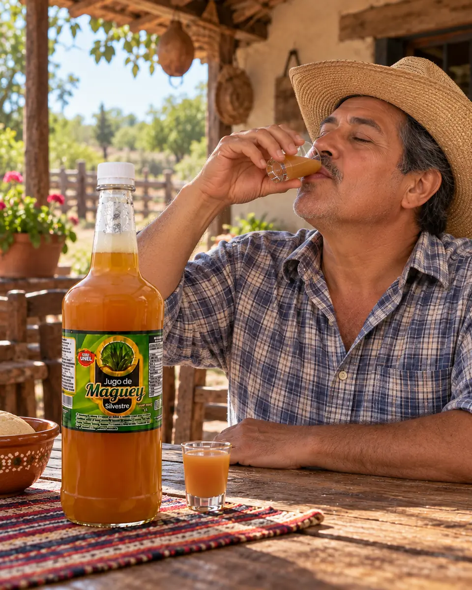 Hombre con camisa de cuadros bebe jugo de maguey silvestre en el portal de un rancho. Jugo de maguey silvestre a domicilio en Colima, Colima