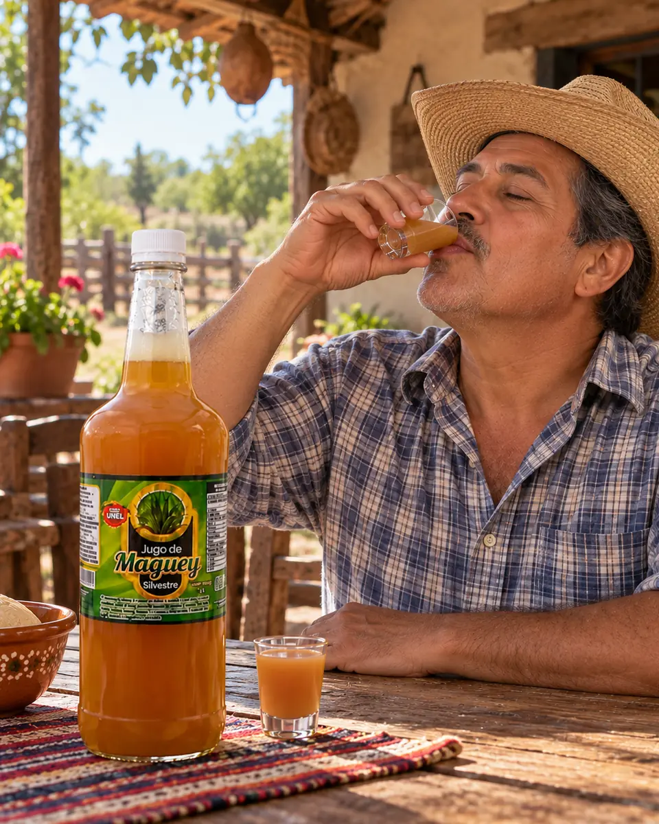 Man in a plaid shirt drinking wild maguey juice on a ranch porch. Wild maguey juice delivered in Corpus Christi, Texas