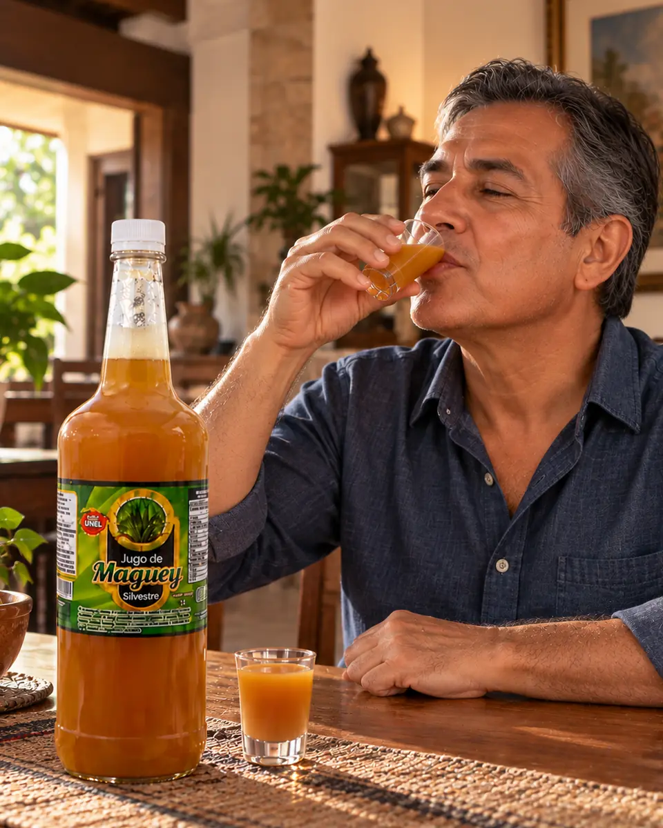 Hombre con camisa de mezclilla bebe una copita de jugo de maguey silvestre en una casa rústica. Jugo de maguey silvestre a domicilio en Cuernavaca, Morelos