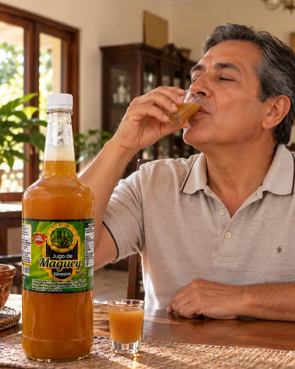 Man drinking a small glass of wild maguey juice in his living room. Wild maguey juice delivered in Dallas, Texas