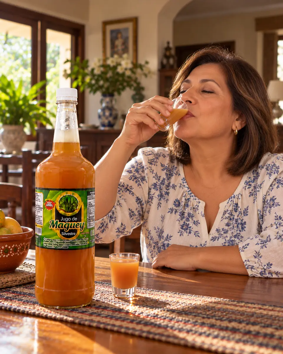 Woman enjoying wild maguey juice at her dining table in the morning. Wild maguey juice delivered in Fresno, California