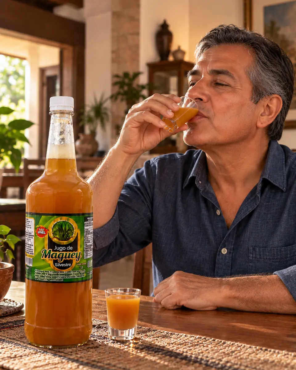 Man in a denim shirt sipping wild maguey juice in a rustic home. Wild maguey juice delivered in Houston, Texas