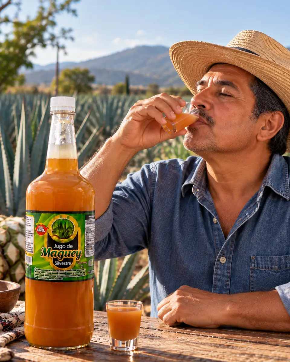 Hombre con sombrero de paja bebe una copita de jugo de maguey silvestre frente a un campo de agave azul. Jugo de maguey silvestre a domicilio en La Paz, Baja California Sur