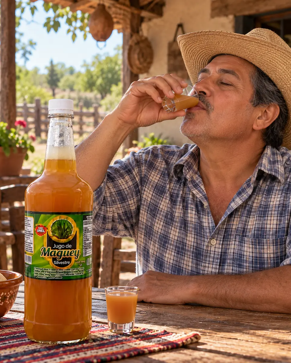 Hombre con camisa de cuadros bebe jugo de maguey silvestre en el portal de un rancho. Jugo de maguey silvestre a domicilio en León, Guanajuato