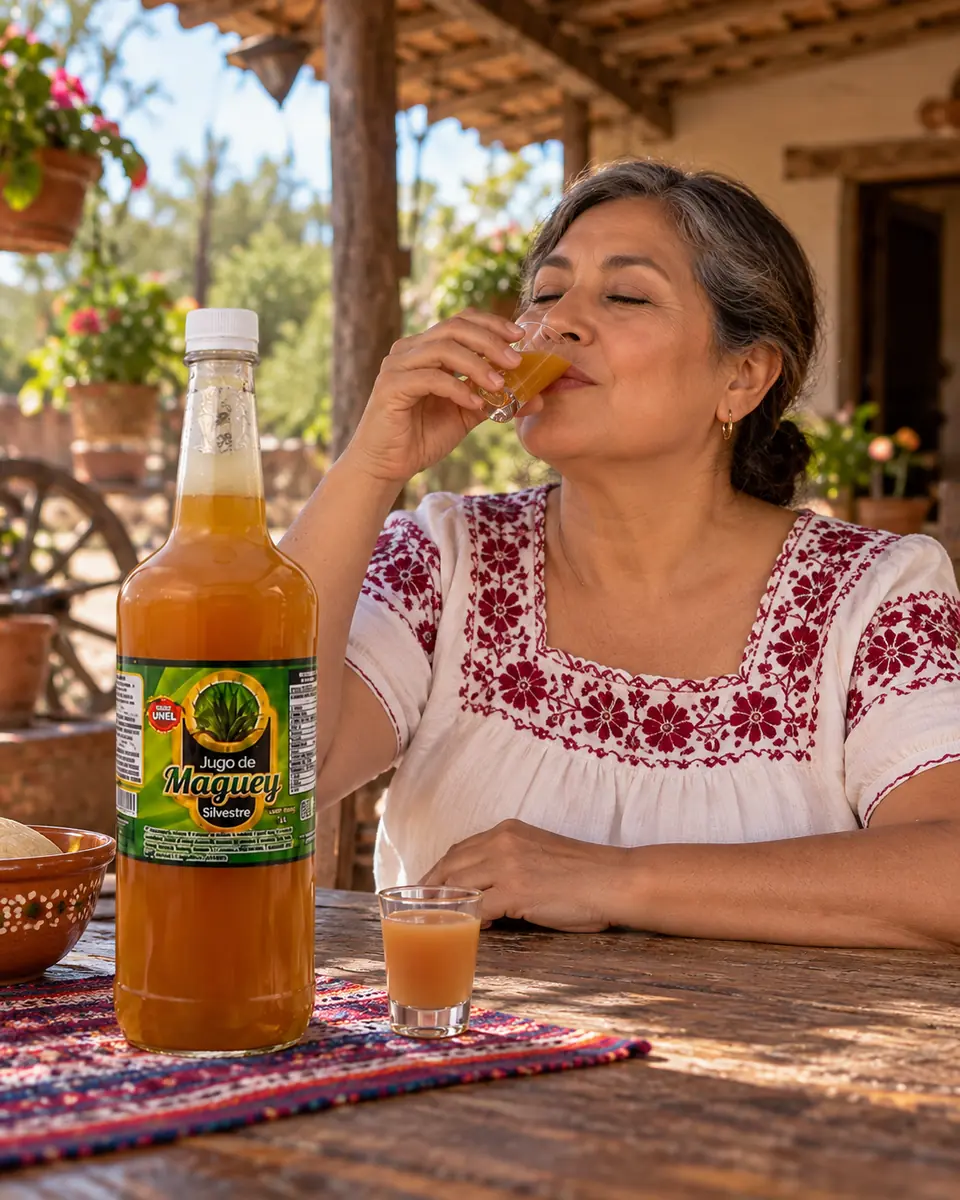 Woman in an embroidered blouse drinking wild maguey juice on a hacienda patio. Wild maguey juice delivered in Long Beach, California