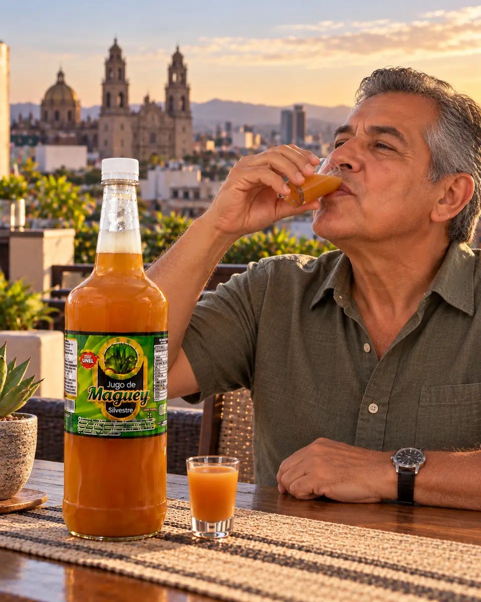 Hombre bebe jugo de maguey silvestre en una azotea con vista a la ciudad al atardecer. Jugo de maguey silvestre a domicilio en Mexicali, Baja California