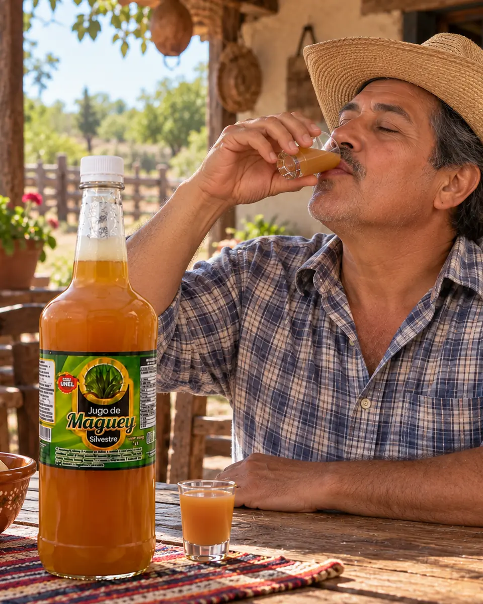 Hombre con camisa de cuadros bebe jugo de maguey silvestre en el portal de un rancho. Jugo de maguey silvestre a domicilio en Morelia, Michoacán