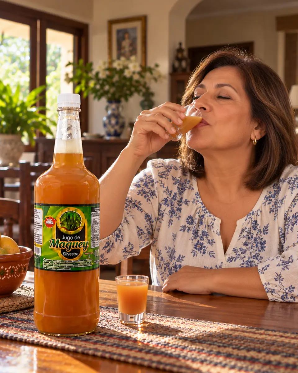 Mujer disfruta jugo de maguey silvestre en el comedor de su casa por la mañana. Jugo de maguey silvestre a domicilio en Oaxaca, Oaxaca