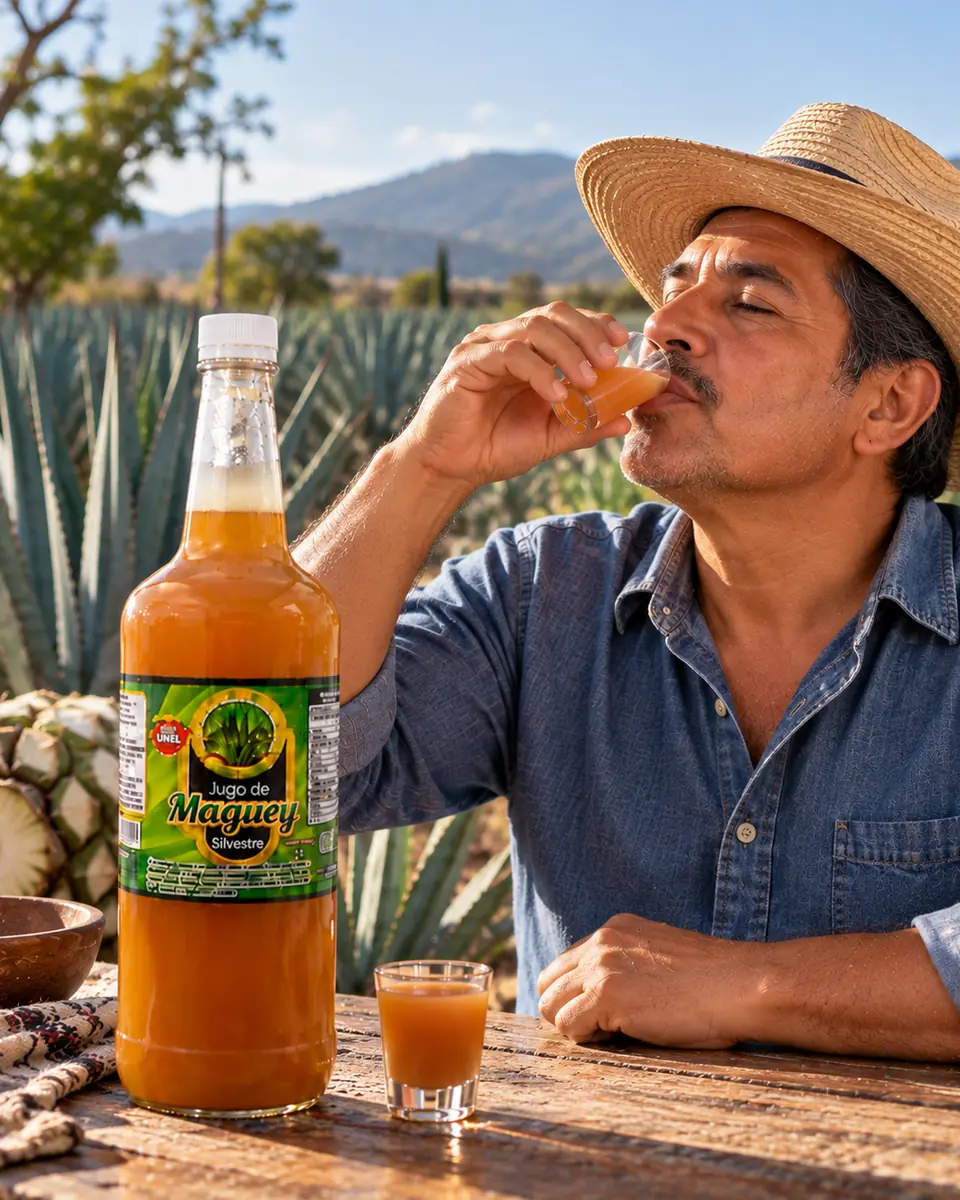 Hombre con sombrero de paja bebe una copita de jugo de maguey silvestre frente a un campo de agave azul. Jugo de maguey silvestre a domicilio en Puerto Vallarta, Jalisco