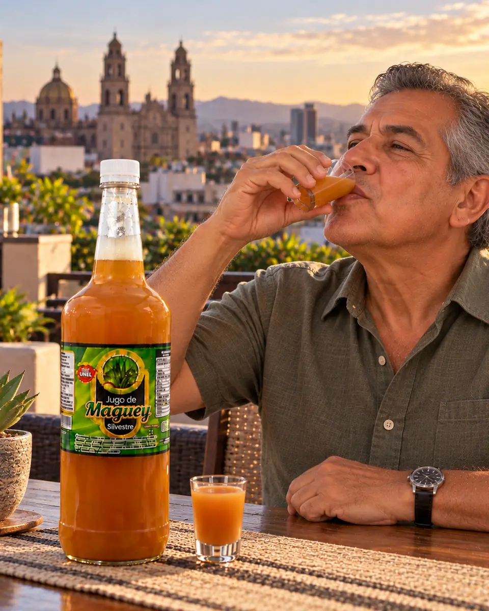 Hombre bebe jugo de maguey silvestre en una azotea con vista a la ciudad al atardecer. Jugo de maguey silvestre a domicilio en Querétaro, Querétaro
