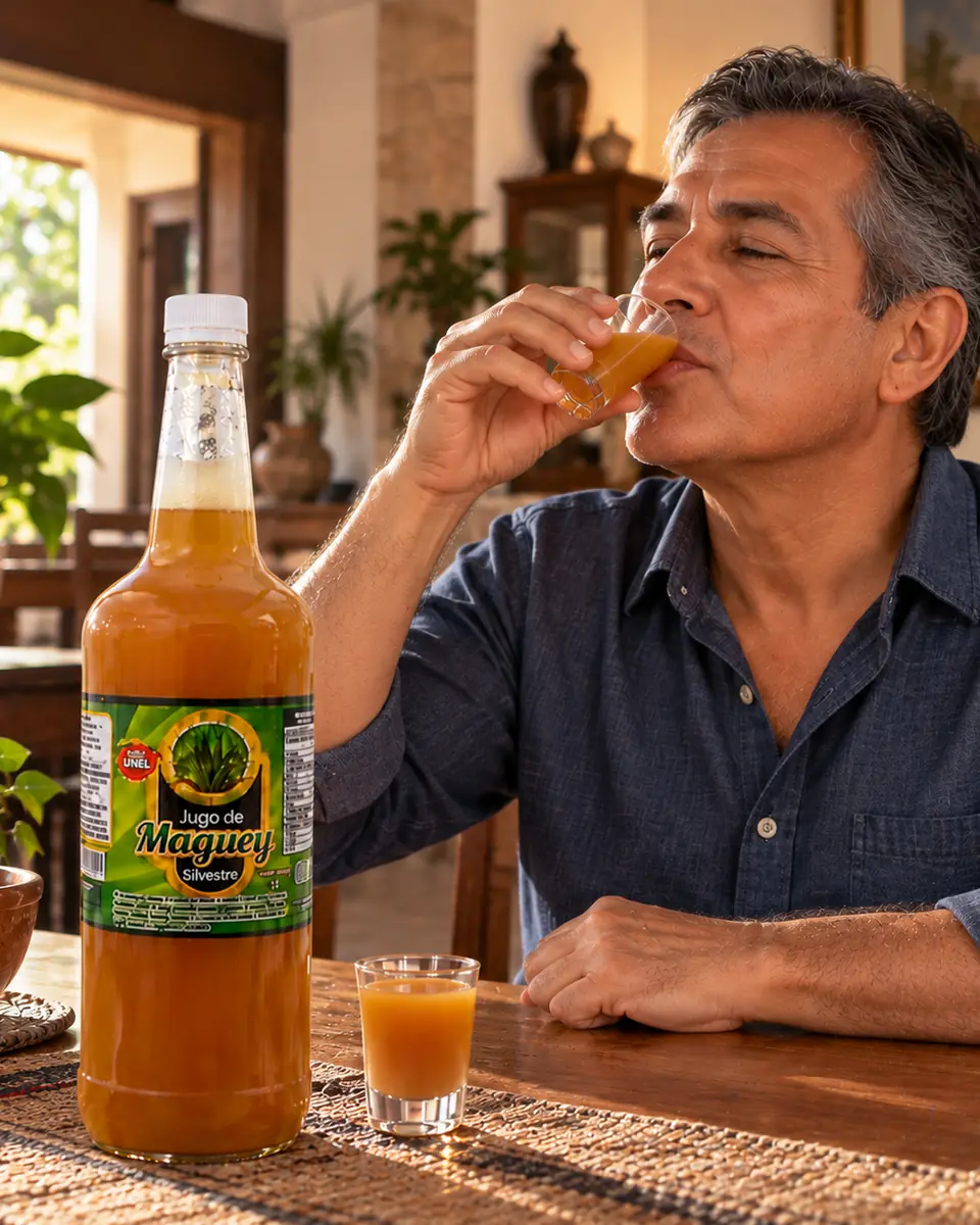 Hombre con camisa de mezclilla bebe una copita de jugo de maguey silvestre en una casa rústica. Jugo de maguey silvestre a domicilio en Playas de Rosarito, Baja California