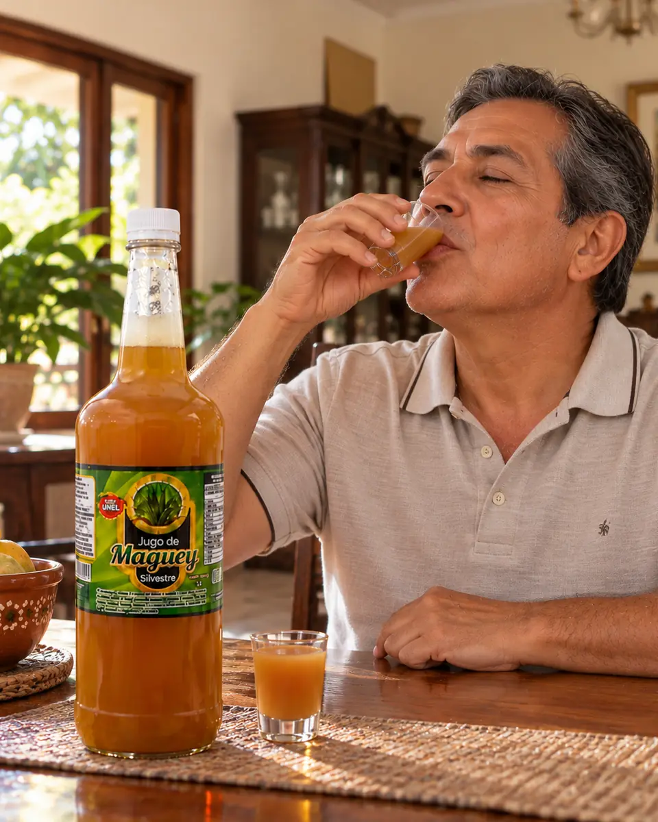 Man drinking a small glass of wild maguey juice in his living room. Wild maguey juice delivered in San Ysidro, California