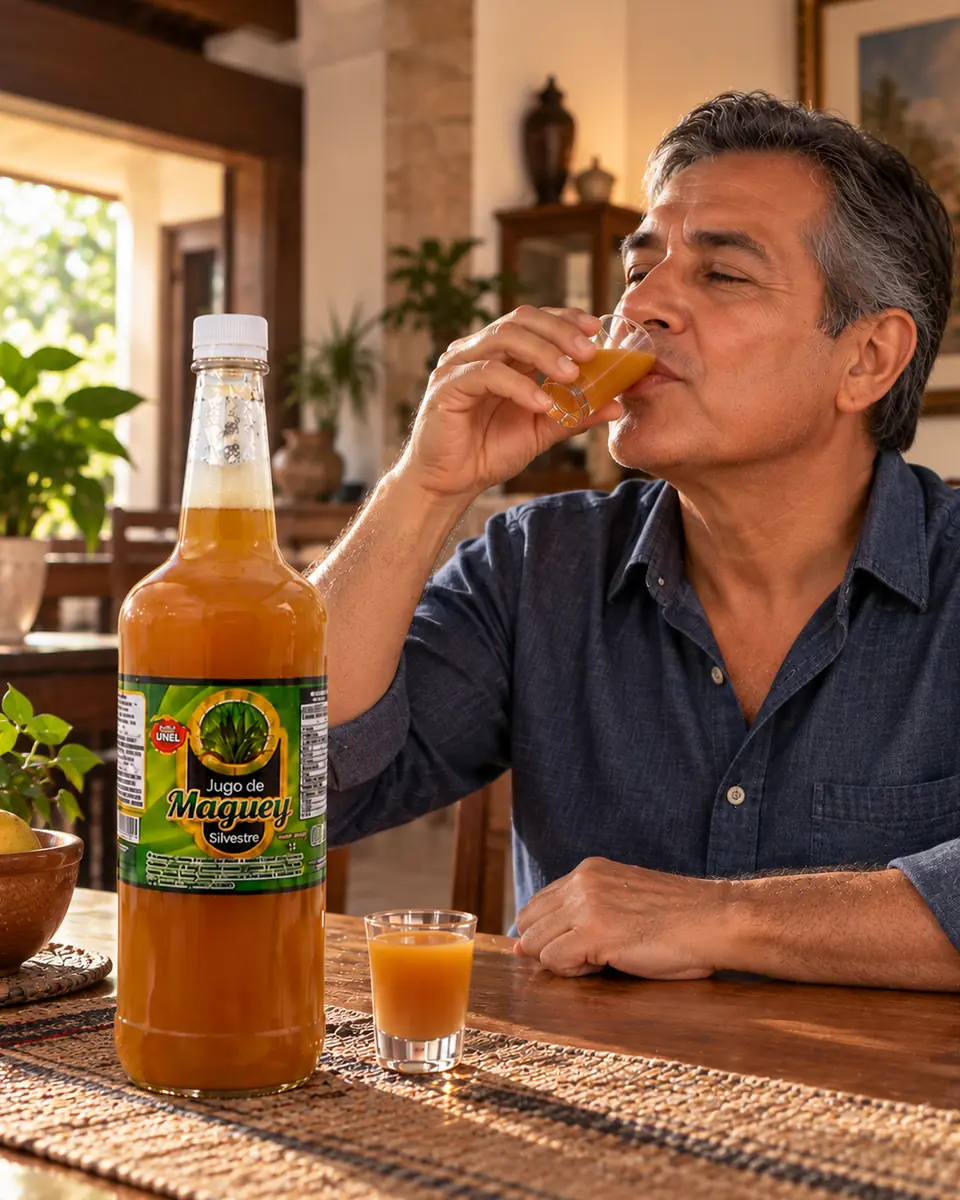 Man in a denim shirt sipping wild maguey juice in a rustic home. Wild maguey juice delivered in Stockton, California