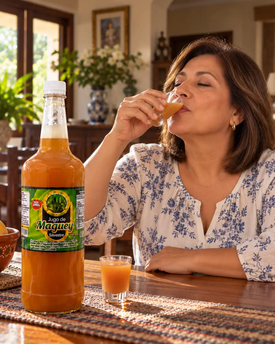 Mujer disfruta jugo de maguey silvestre en el comedor de su casa por la mañana. Jugo de maguey silvestre a domicilio en Tecate, Baja California