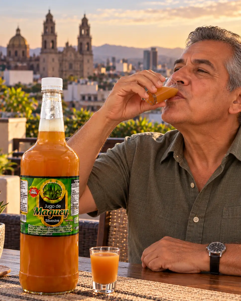 Hombre bebe jugo de maguey silvestre en una azotea con vista a la ciudad al atardecer. Jugo de maguey silvestre a domicilio en Tepic, Nayarit