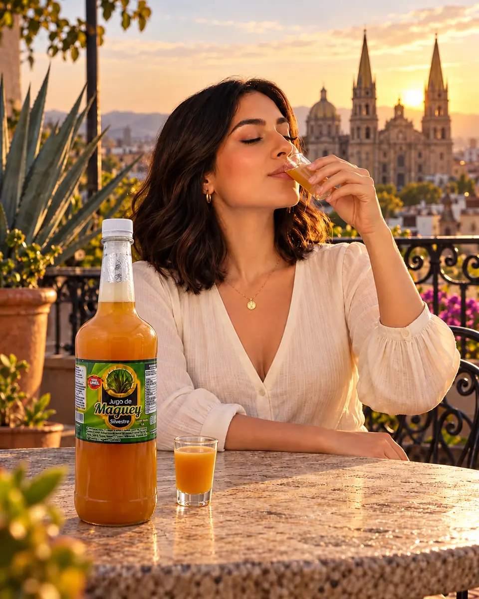 Mujer disfruta una copita de jugo de maguey silvestre en una terraza al atardecer con catedral de fondo. Jugo de maguey silvestre a domicilio en Torreón, Coahuila