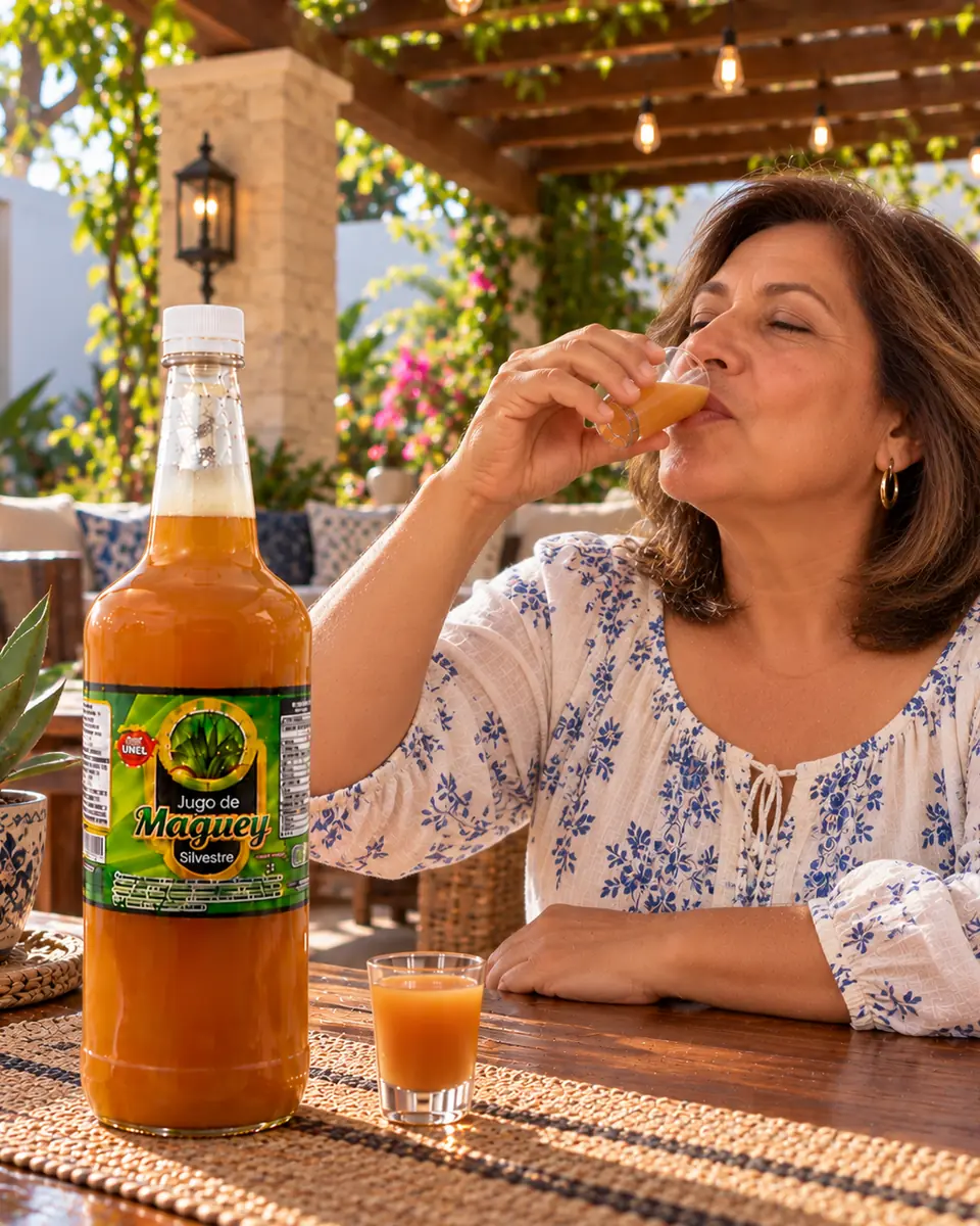 Mujer toma una copita de jugo de maguey silvestre en una terraza con jardín y pérgola. Jugo de maguey silvestre a domicilio en Zacatecas, Zacatecas